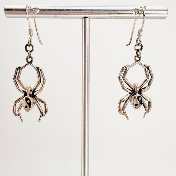 VTG Sterling Silver 925 Enamel Yin Yang Spider Dangle Earrings Size 1.75" Length - Picture 1 of 9